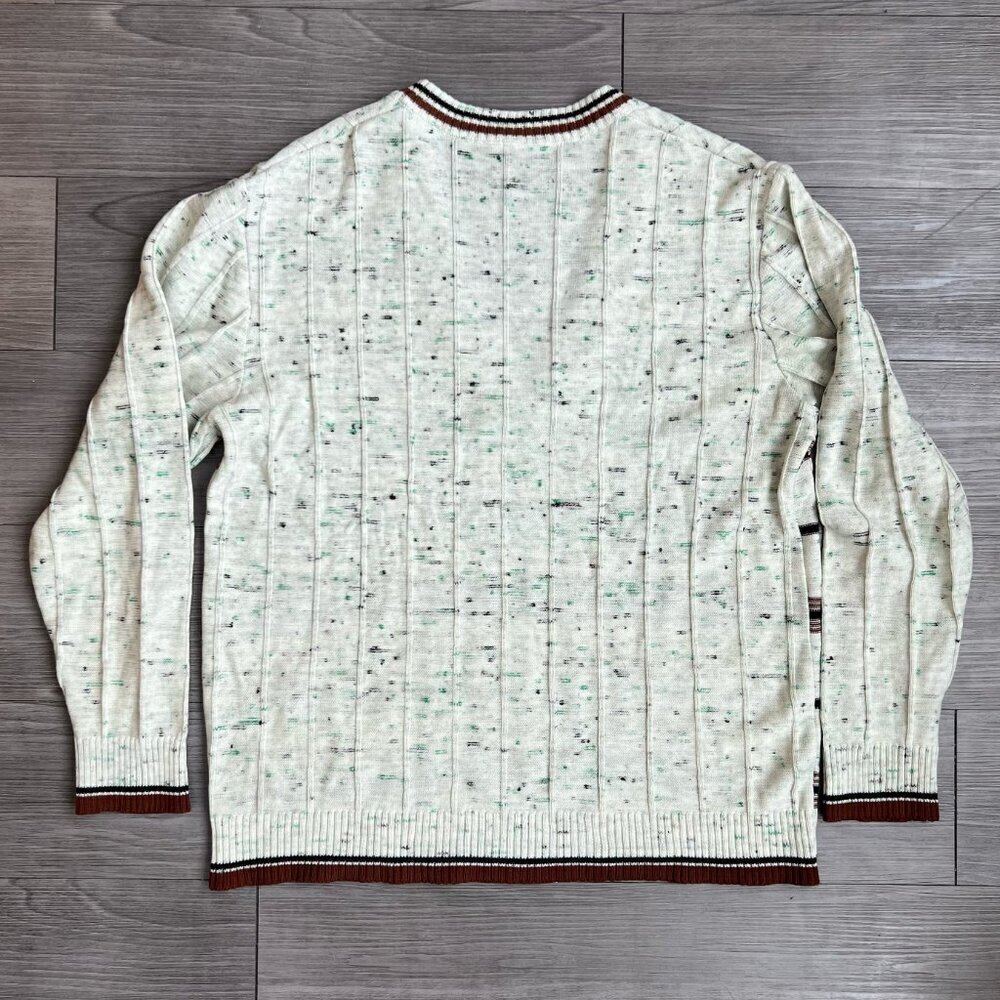 Vtg 70s V Neck Knit Sweater Space Dyed Collegiate Striped Acrylic Retro Size L - Picture 2 of 4